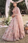 SHASHA GABA_Pink Silk, Organza Pearls, Sequins, Beads, Embroidery Plunge Floral Lehenga Set _Online_at_Aza_Fashions