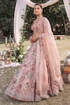 Buy_SHASHA GABA_Pink Silk, Organza Pearls, Sequins, Beads, Embroidery Plunge Floral Lehenga Set _Online_at_Aza_Fashions