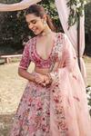 Shop_SHASHA GABA_Pink Silk, Organza Pearls, Sequins, Beads, Embroidery Plunge Floral Lehenga Set _Online_at_Aza_Fashions