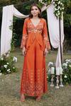 Buy_Shasha Gaba_Brown Chanderi , Pearls, Sequins, Floral Peplum Top And Trouser Set _at_Aza_Fashions