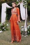 Shasha Gaba_Brown Chanderi , Pearls, Sequins, Floral Peplum Top And Trouser Set _Online_at_Aza_Fashions