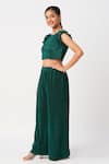 LIL DRAMA_Green Poly Knit Embellished Pearls Pleated Crop Top And Pant Co-ord Set _Online_at_Aza_Fashions