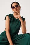 LIL DRAMA_Green Poly Knit Embellished Pearls Pleated Crop Top And Pant Co-ord Set _at_Aza_Fashions