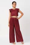 Buy_LIL DRAMA_Maroon Polyester Pearls Pleated Crop Top Pant Co-ord Set _at_Aza_Fashions