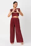 LIL DRAMA_Maroon Polyester Pearls Pleated Crop Top Pant Co-ord Set _Online_at_Aza_Fashions
