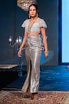 Shop_Rina Dhaka_Silver Net Helix Fringe Sleeves Blouse With Cosmo Sequin Embellished Skirt_at_Aza_Fashions