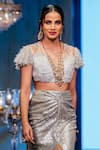 Rina Dhaka_Silver Net Helix Fringe Sleeves Blouse With Cosmo Sequin Embellished Skirt_Online_at_Aza_Fashions