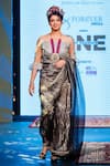 Buy_Rina Dhaka_Silver Linen Embroidery Zari Stripe Metallic Pre-draped Saree With Blouse_at_Aza_Fashions