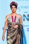 Rina Dhaka_Silver Linen Embroidery Zari Stripe Metallic Pre-draped Saree With Blouse_Online_at_Aza_Fashions