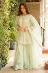 Buy_Ajiesh Oberoi_Green Silk, Organza, Muslin Cut Work, Kriti Cutdana Kurta Sharara Set _at_Aza_Fashions