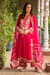 Ajiesh Oberoi_Pink Silk Embroidered Cutdana V-neck Manya Floral Kurta Palazzo Set _Online_at_Aza_Fashions