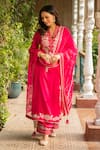 Buy_Ajiesh Oberoi_Pink Silk Embroidered Cutdana V-neck Manya Floral Kurta Palazzo Set _Online_at_Aza_Fashions