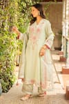 Ajiesh Oberoi_Green Silk, Organza, Cotton Embroidery V-neck Manya Blossom Kurta Palazzo Set _Online_at_Aza_Fashions