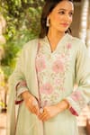 Buy_Ajiesh Oberoi_Green Silk, Organza, Cotton Embroidery V-neck Manya Blossom Kurta Palazzo Set _Online_at_Aza_Fashions