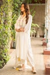 Ajiesh Oberoi_Ivory Georgette Embroidered Thread V-neck Mehek Kurta Palazzo Set _Online_at_Aza_Fashions