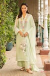 Ajiesh Oberoi_Green Georgette, Rayon, Muslin Embroidery Mehek Botanic Kurta Palazzo Set _Online_at_Aza_Fashions