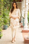 Ajiesh Oberoi_Ivory Silk, Organza, Cotton, Muslin Nazakat Foliage Kurta Dhoti Pant Set _Online_at_Aza_Fashions