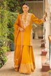 Buy_Ajiesh Oberoi_Yellow Silk, Organza, Muslin Embroidery, Cut Work Mustard Foliage Kurta Set _at_Aza_Fashions