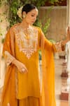Ajiesh Oberoi_Yellow Silk, Organza, Muslin Embroidery, Cut Work Mustard Foliage Kurta Set _at_Aza_Fashions