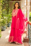 Ajiesh Oberoi_Pink Silk, Organza, Muslin Embroidery, Cut Work Rani Floral Kurta Sharara Set _Online_at_Aza_Fashions