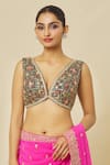 Nazaakat by Samara Singh_Blue Banarasi Brocade Embroidery Floral Deep V Neck Blouse_Online_at_Aza_Fashions