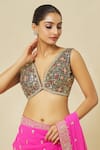 Buy_Nazaakat by Samara Singh_Blue Banarasi Brocade Embroidery Floral Deep V Neck Blouse_Online_at_Aza_Fashions