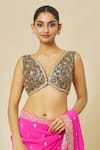 Shop_Nazaakat by Samara Singh_Blue Banarasi Brocade Embroidery Floral Deep V Neck Blouse_Online_at_Aza_Fashions