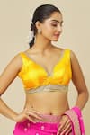 Buy_Samyukta Singhania_Yellow Silk Embroidery Zari V Neck Placement Blouse _Online_at_Aza_Fashions