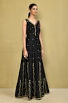 Shop_Khwaab by Sanjana Lakhani_Black Raw Silk Hand Embroidered Sequins V Neck Gown_Online_at_Aza_Fashions
