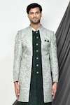 Arihant Rai Sinha_Green Silk Woven Blossomy Jacquard Layered Sherwani_Online_at_Aza_Fashions