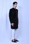 Aryavir Malhotra_Black Sherwani Velvet Textured Embossed And Pant Set _at_Aza_Fashions