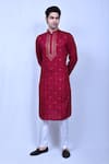 Buy_Aryavir Malhotra_Red Kurta Cotton Embroidered Sequin Thread And & Pant Set _at_Aza_Fashions