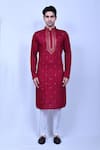 Buy_Aryavir Malhotra_Red Kurta Cotton Embroidered Sequin Thread And & Pant Set _Online_at_Aza_Fashions