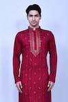 Shop_Aryavir Malhotra_Red Kurta Cotton Embroidered Sequin Thread And & Pant Set _Online_at_Aza_Fashions