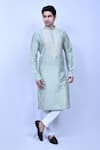 Buy_Aryavir Malhotra_Green Kurta Cotton Silk Embroidered Thread Work Band Collar And Pant Set_at_Aza_Fashions