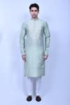 Buy_Aryavir Malhotra_Green Kurta Cotton Silk Embroidered Thread Work Band Collar And Pant Set_Online_at_Aza_Fashions