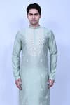 Shop_Aryavir Malhotra_Green Kurta Cotton Silk Embroidered Thread Work Band Collar And Pant Set_Online_at_Aza_Fashions