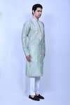 Aryavir Malhotra_Green Kurta Cotton Silk Embroidered Thread Work Band Collar And Pant Set_at_Aza_Fashions