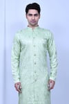 Shop_Aryavir Malhotra_Green Kurta Soft Cotton Embroidered Thread And Pant Set _Online_at_Aza_Fashions