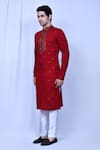 Aryavir Malhotra_Red Kurta Cotton Embroidered Sequin And Pant Set _at_Aza_Fashions