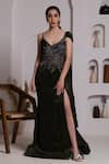 Buy_BAYA_Black Georgette Hand Embroidered Cut Dana V Neck High Slit Draped Gown _at_Aza_Fashions