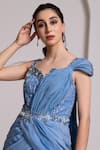 BAYA_Blue Chiffon Organza Hand Embroidered Cut Dana V Neck Sequin Yoke Saree Gown _Online_at_Aza_Fashions