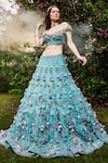 Buy_BAYA_Blue Organza Hand Embroidered Floral Applique Off Shoulder Neck Lehenga Set _at_Aza_Fashions