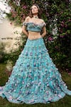 BAYA_Blue Organza Hand Embroidered Floral Applique Off Shoulder Neck Lehenga Set _Online_at_Aza_Fashions