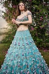 Buy_BAYA_Blue Organza Hand Embroidered Floral Applique Off Shoulder Neck Lehenga Set _Online_at_Aza_Fashions