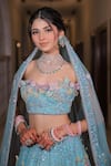 Buy_BAYA_Blue Organza Hand Embroidered Floral Applique Off Shoulder Neck Lehenga Set 