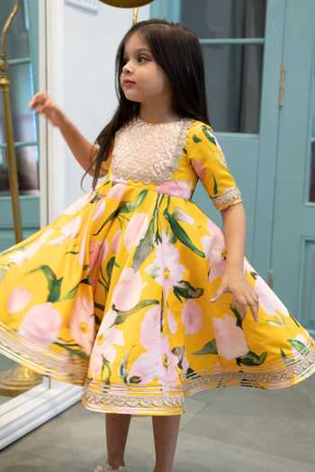 Buy_Janyas Closet_Yellow Satin, Linen Gota Patti Floral Print Flared Dress _at_Aza_Fashions
