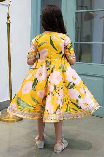 Shop_Janyas Closet_Yellow Satin, Linen Gota Patti Floral Print Flared Dress _at_Aza_Fashions
