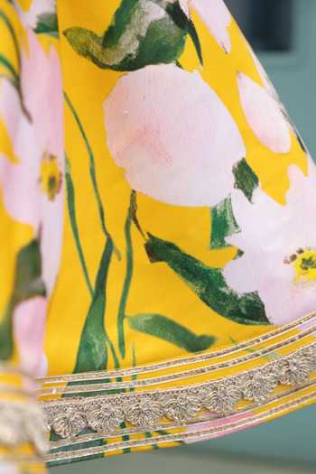 Buy_Janyas Closet_Yellow Satin, Linen Gota Patti Floral Print Flared Dress _Online_at_Aza_Fashions