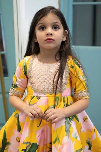 Shop_Janyas Closet_Yellow Satin, Linen Gota Patti Floral Print Flared Dress _Online_at_Aza_Fashions